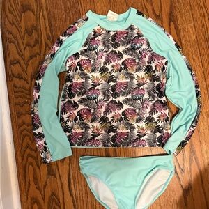Kids Long Sleeve Rash Guard Set in Aqua with Tropical Print